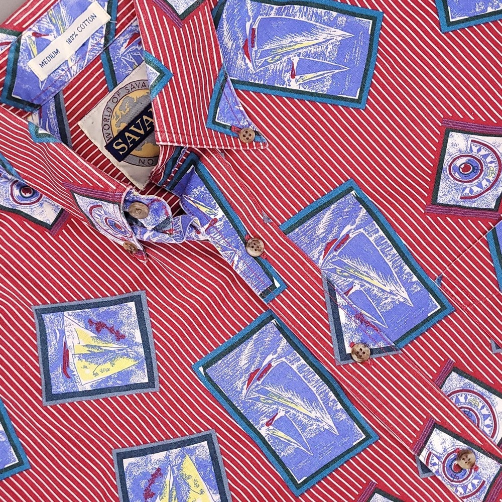 Savane Shirt Mens Medium Red Blue Nautical Sailboat Compass Print Short Sleeve